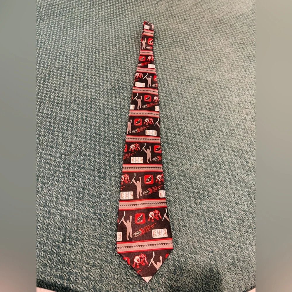 RALPH MARLIN Black and Red Graphic Hockey Themed Necktie